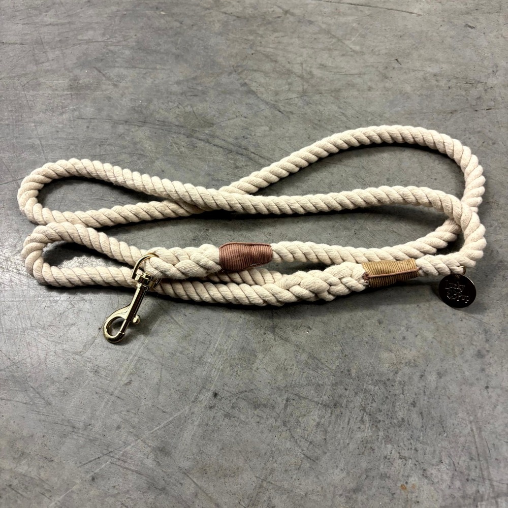 Lucky Pup Cotton Rope Dog Leash Cream Gold Hardware Handcrafted Style 5ft